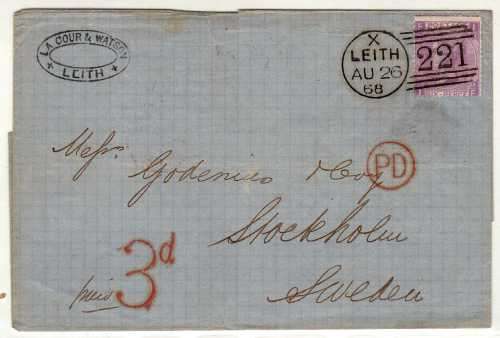 GREAT BRITAIN 6d LILAC PATE 6 (WITH HYPHEN) ON COVER TO SWEDEN TAXED 3d IN RED. SG 97/104?. SCARCE