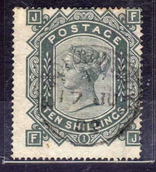 GREAT BRITAIN 1878 10/- GREENISH GREY (PLATE 1) FINE USED WITH LIGHT CDS. SG 128. CAT 3200 POUNDS.