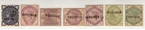 GREAT BRITAIN 1883-8 QV 7 "SPECIMEN" STAMPS. SG 187s-192s & 196s. CAT 955 POUNDS.