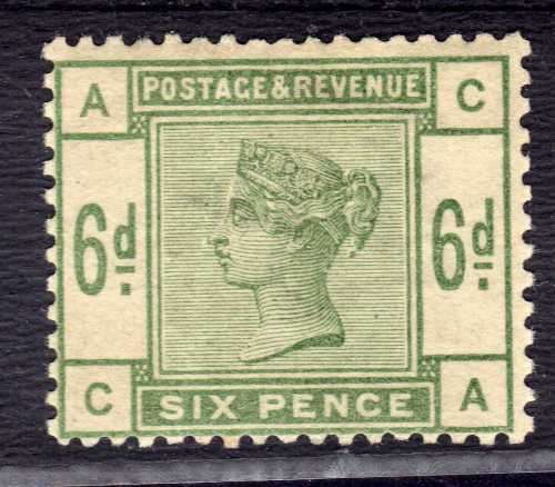GREAT BRITAIN 1883-8 QV 6d DULL GREEN LMM LIGHT VERTICAL CREASE. SG 194. CAT 625 POUNDS.
