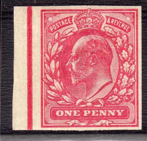 GREAT BRITAIN 1906 KEVII 1d DULL ROSE COLOUR TRIAL LEFT MARGINAL IMPERF ON CROWN WMK. CAT 1750+ GBP.