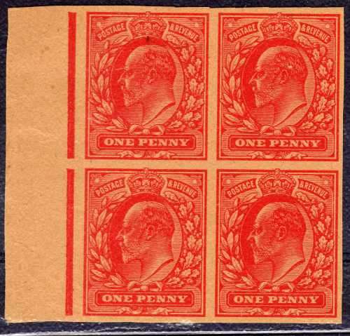 GREAT BRITAIN 1902-10 KEVII 1d SCARLET ON BUFF UNGUMMED PAPER IMPERF PLATE PROOF.