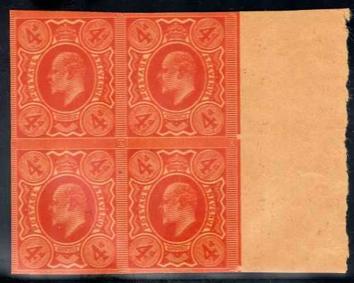 GREAT BRITAIN 1902 KEVII 4d DEEP ORANGE-RED IMPERF PLATE PROOF ON POOR QUALITY BUFF UNGUMMED PAPER.