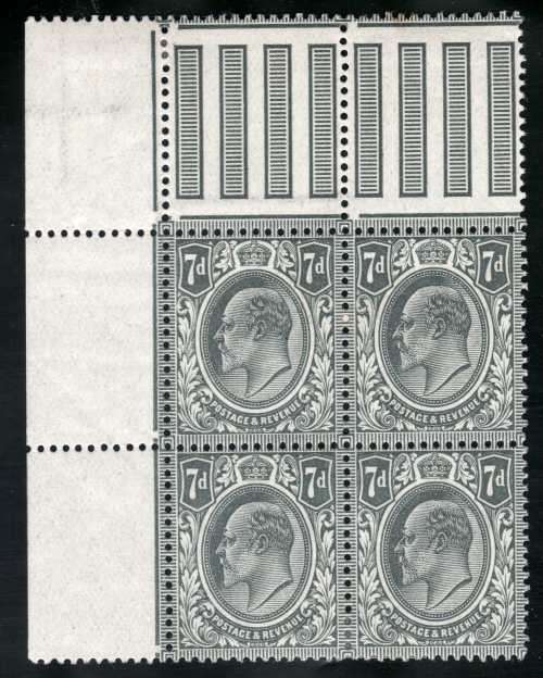 GREAT BRITAIN 1911-13 KEVII 7d SLATE-GREY VERY FINE UMM TOP LEFT INTERPANNEAU CNR GUTTER BLOCK OF 4.