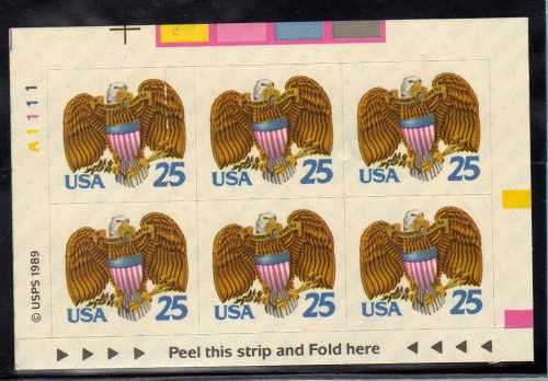 UNITED STATES OF AMERICA 1989 25c SELF ADHESIVE PANE OF 6 UMM. SG 2416. CAT 5,70 POUNDS.