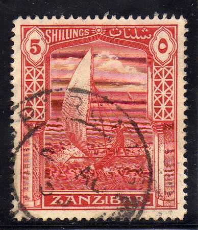 ZANZIBAR 1936 DEFIN 5/- SCARLET VERY FINE USED. SG 320. CAT 6,50 POUNDS.