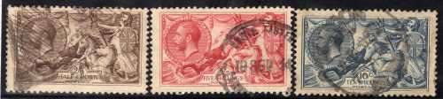 GREAT BRITAIN 1918 SEA HORSES 2/6d, 5/- & 10/- FINE - VFU. SG 413a, 416 & 417. CAT 410 POUNDS (2018)