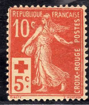 FRANCE 1914 RED CROSS FUND 10c + 5c RED MOUNTED MINT. SG 352. CAT 42 POUNDS.