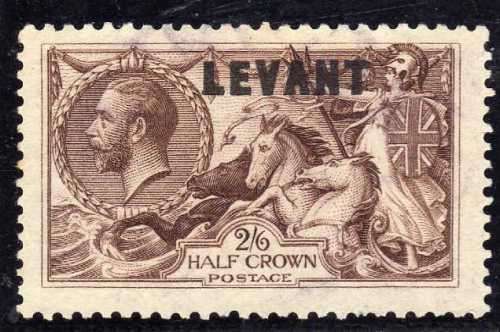 BRITISH LEVANT 1921 KGV SEAHORSE OPTD LEVANT 2/6d CHOCOLATE BROWN VFU. SG L24. CAT 100 POUNDS.