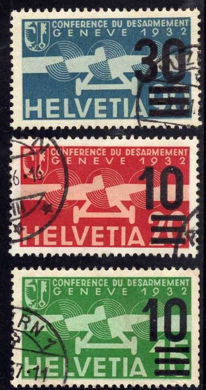 SWITZERLAND 1935 AIR SURCHARGE 3 STAMPS VERY FINE USED. SG 359, 360 & 363. CAT 29,75 POUNDS.