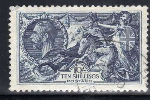 GREAT BRITAIN 1934 RE-ENGRAVED SEAHORSE 10/- VERY FINE USED. SG 452. CAT 80 POUNDS. (2018)