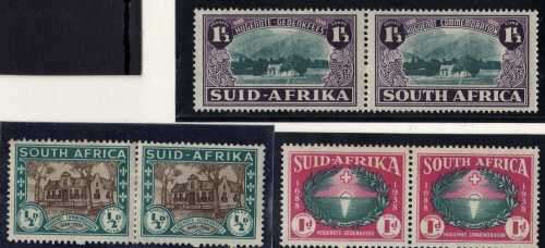 SOUTH AFRICA 1939 HUGUENOT 250TH ANNIVERSARY SET OF 3 PAIRS MM. SACC 81-83. CAT R700. (2109-20)