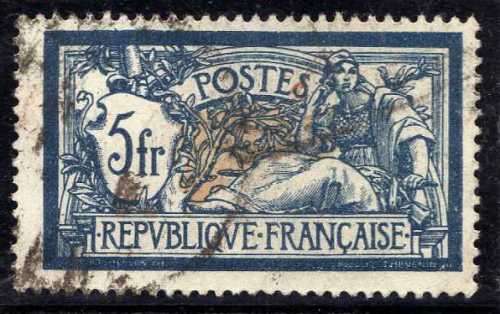 FRANCE 1900 DEFIN 5FR BLUE AND BUFF VERY FINE USED. SG 308. CAT 5,50 POUNDS.