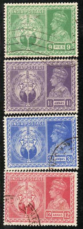 INDIA 1946 VICTORY COMMEMORATION SET OF 4 VFU. SG 278-281. CAT 5,50 GBP.