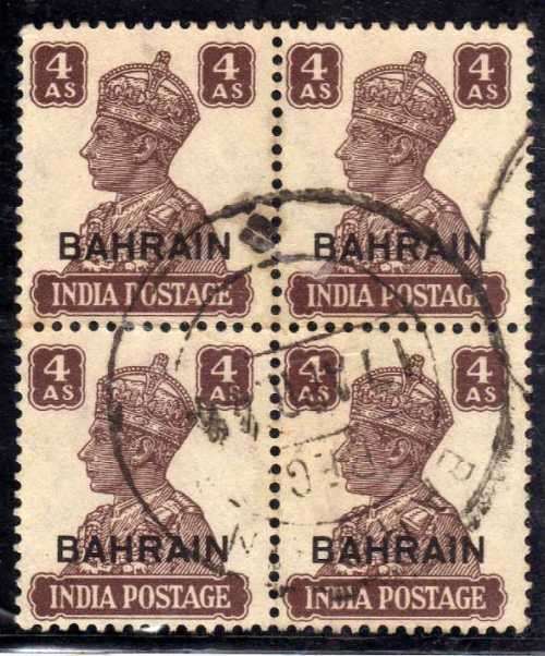 BAHRAIN 1942-45 DEFIN 4AS BROWN BLOCK OF 4 VFU. SG 47. CAT 8 POUNDS. (2018)