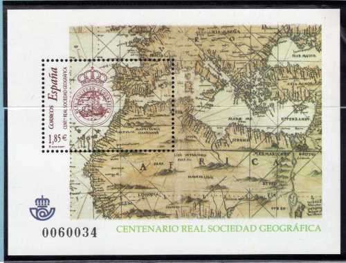 SPAIN 2003 ROYAL GEOGRAPHICAL SOCIETY CENT MINI SHEET UMM. SG MS 3993. CAT 4 POUNDS (2013)