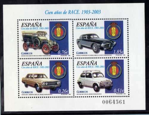 SPAIN 2003 ROYAL MOTOR CLUB CENTENARY MINI SHEET OF 4 UMM. SG MS 3968. CAT 7,25 POUNDS (2013)
