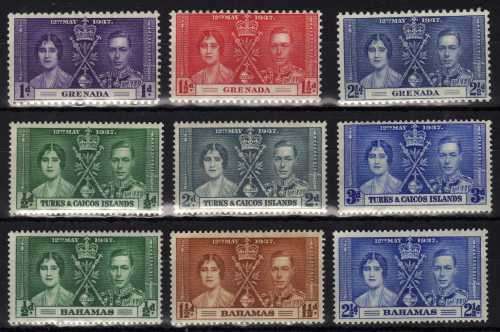 GRENADA, TURKS & CAICOS ISLANDS &  BAHAMAS 1937 CORONATION 3 SETS OF 3 UMM . CAT 3,90 GBP. (2018)
