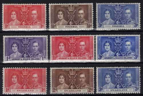 NIGERIA, GILBERT & ELLICE ISL & SWAZILAND 1937 CORONATION 3 SETS OF 3 UMM . CAT 8,65 GBP. (2018)