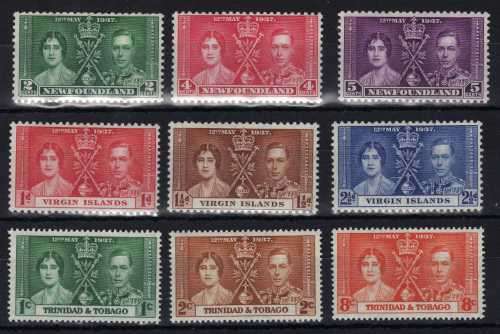 NEWFOUNDLAND, VIRGIN ISL & TRINIDAD & TOBAGO 1937 CORONATION 3 SETS OF 3 UMM . CAT 8,60 GBP. (2018)
