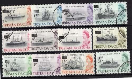 TRISTAN DA CUNHA 1971 SHIP DECIMAL DEFIN SET OF 12 VFU. SG 137-148. CAT 24,90 POUNDS. (2013)
