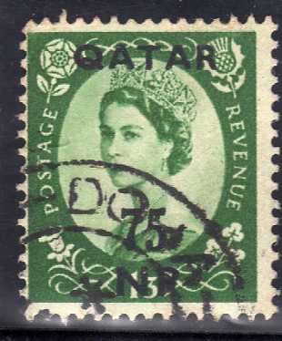 QATAR 1957-59 QEII DEFIN O/P 75NP ON 1/3d V.F. USED. SG 11. CAT 6,50 POUNDS. (2018)