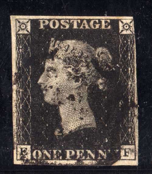 GREAT BRITAIN 1840 1d BLACK 3 GOOD MARGINS & 1 CLOSE (TOP RIGHT) VFU. SG 2. CAT 375 POUNDS.