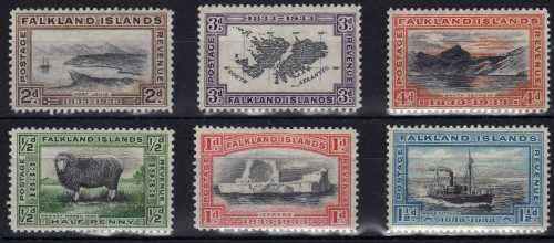 FALKLAND ISLANDS 1933 DEFIN PART SET OF 6 (1/2d-4d) LMM. SG 127-32. CAT 98,50 POUNDS. (2018)