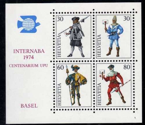 SWITZERLAND 1974 INTERNABA 1974 STAMP EXHIBITION MINI SHEET UMM. SG MS879. CAT 6,25 POUNDS. (2013)