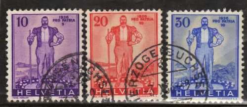 SWITZERLAND 1936 NATIONAL DEFENCE FUND SET OF 3 VERY FINE USED. SG 364-66. CAT 36,50 POUNDS. (2013)