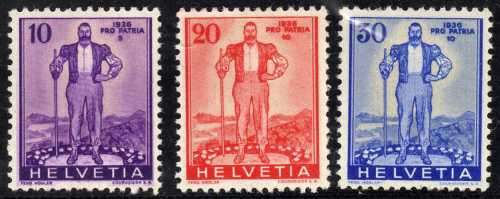 SWITZERLAND 1936 NATIONAL DEFENCE FUND SET OF 3 MOUNTED MINT. SG 364-66. CAT 7,10 POUNDS. (2013)