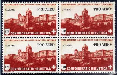 SWITZERLAND 1943 30TH ANNIV 1ST FLIGHT ACROSS ALPS BLOCK OF 4 UMM. SG 433. CAT 11 POUNDS. (2013)