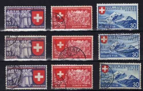 SWITZERLAND 1939 `NATIONAL EXHIBITION ZURICH` SET OF 9 VFU. SG 391F-393I. CAT 35,15 POUNDS. (2013)