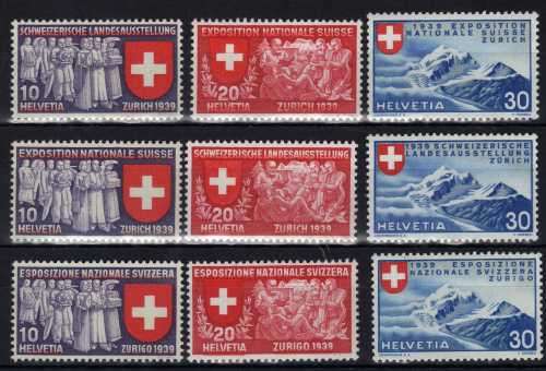 SWITZERLAND 1939 "NATIONAL EXHIBITION ZURICH" SET OF 9 LMM. SG 391F-393I. CAT 18,90 POUNDS. (2013)