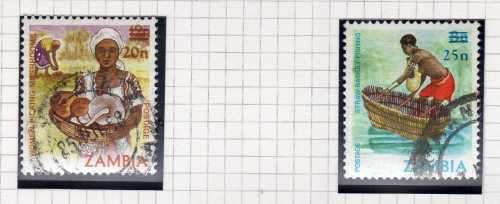 ZAMBIA 1985 MUSHROOM PICKING & STRAW-BASKET FISHING SURCHARGE VFU. SG 436-7. CAT 1,65 POUNDS. (2014)