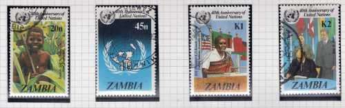 ZAMBIA 1985 UNITED NATIONS ORG 40TH ANNIV SET OF 4 VFU. SG 445-448. CAT 4,75 POUNDS. (2014)