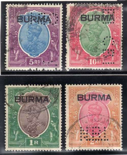 BURMA 1937 KGV OPTD BURMA 1R - 10R FINE USED (1R) & PERFINED USED. SG 13-16. CAT 171 GBP. (2018).