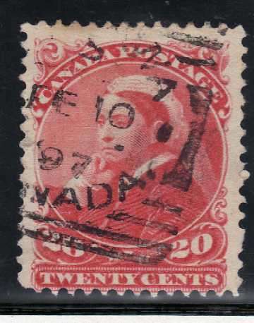 CANADA 1893 DEFIN 20c VERMILLION VERY FINE USED. SG 115. CAT 65 POUNDS. (2018)
