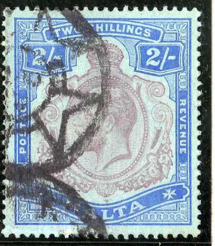 MALTA 1914-21 DEFIN 2/- PURPLE AND BLUE V.F.USED. SG 86. CAT 38 POUNDS. (2018)