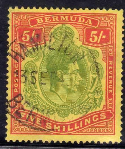 BERMUDA 1938 DEFIN 5/- PERF 14 GREEN AND RED-YELLOW VFU. CAT 48 POUNDS.(2018)