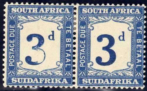 SOUTH AFRICA 1927-28 POSTAGE DUE 3d BLUE & BLUE PLATE PROOFS FINE MINT HORIZ PAIR WITH VAR. SCARCE.