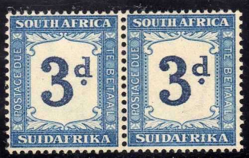 SOUTH AFRICA 1932-42 POSTAGE DUE 3d INDIGO & MILKY BLUE INVERTED WMK UMM PAIR. SACC 27a. CAT R4200.