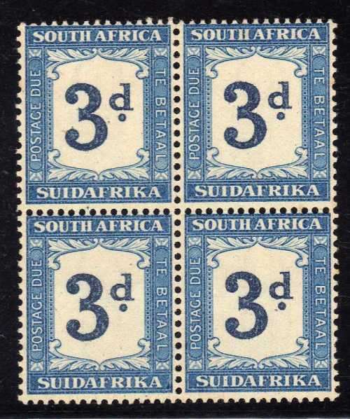 SOUTH AFRICA 1932-42 POSTAGE DUE 3d INDIGO & MILKY BLUE INVERTED WMK BLOCK OF 4 SACC 27a. CAT R7000.
