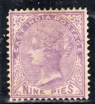 INDIA 1874 NINE PIES BRIGHT MAUVE UNUSED (MINT NO GUM). SG 77. CAT 25 GBP. (2018)