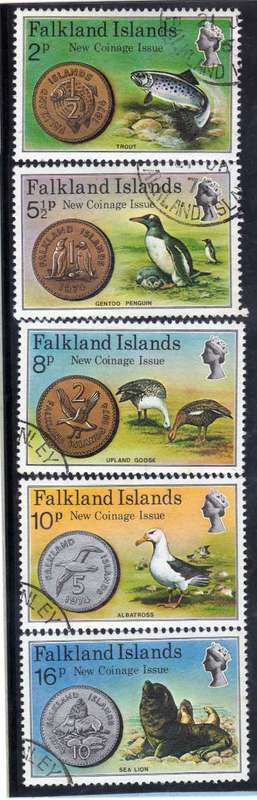 FALKLAND ISLANDS 1975 "NEW COINAGE" SET OF 5 VFU. SG 316-320. CAT 8,75 POUNDS.