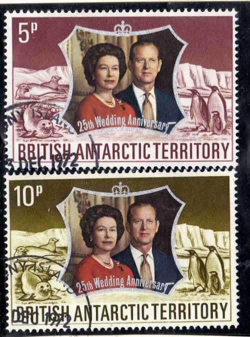 BRITISH ANTARCTIC TERRITORY 1972 ROYAL SILVER WEDDING SET OF 2 VFU. SG 42-43. CAT 6 POUNDS.