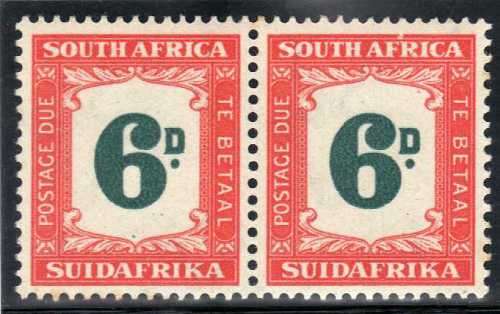 SOUTH AFRICA 1948-9 6d POSTAGE DUE UMM PAIR WITH UHB V1. SACC 37/37var. CAT R2400. (SACC 2019/20)