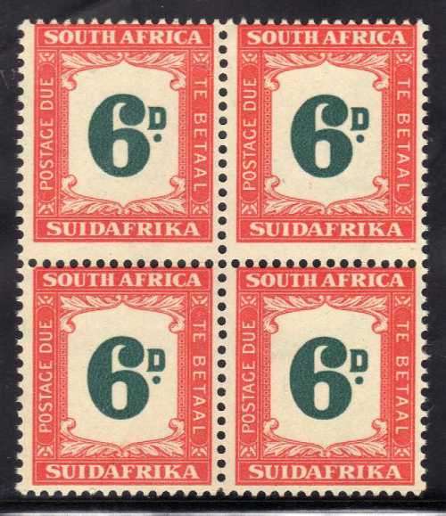 SOUTH AFRICA 1948-9 6d POSTAGE DUE BLOCK OF 4 UMM. SACC 37. CAT R2400. (SACC 2019/20)
