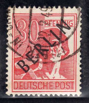 GERMANY WEST BERLIN 1948 OPTD BERLIN IN BLACK 30PF RED VFU. SG B11. CAT 10,50 POUNDS.