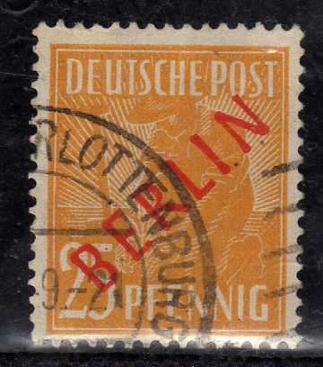 GERMANY WEST BERLIN 1948 OPTD BERLIN IN RED 25PF ORANGE VFU. SG B10. CAT 65 POUNDS.